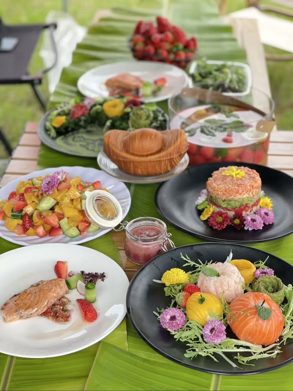 Colorful freshly prepared dishes arranged on a table