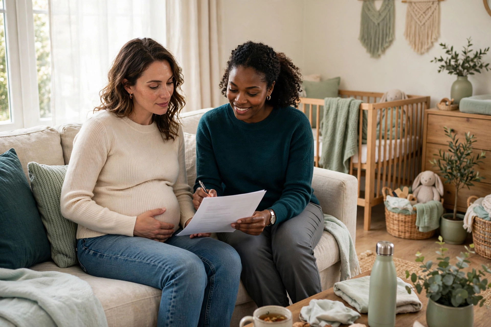 Pregnant mother meeting with a postpartum care professional at home